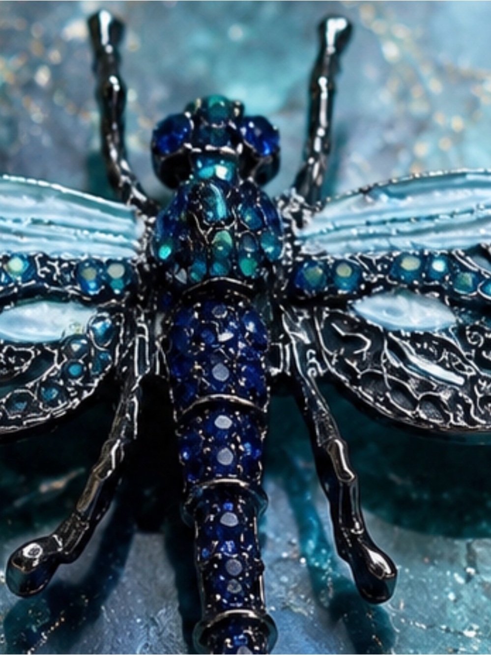 Large Articulated Dragonfly Brooch β Blue Rhinestone & Enamel Statement Pin - Picture 4 of 7